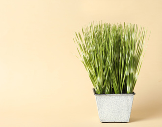 Beautiful artificial plant in flower pot on beige background, space for text