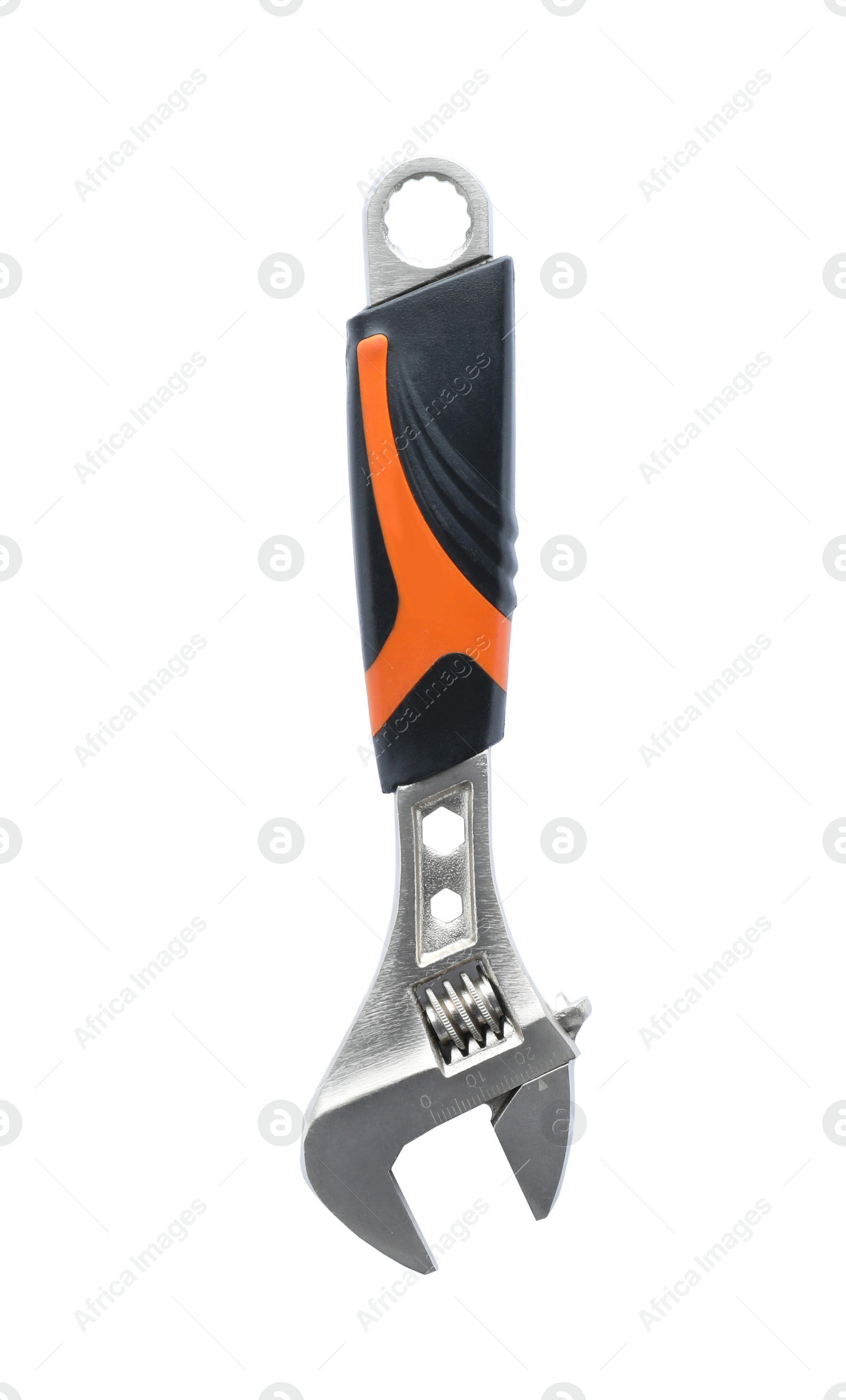 Photo of Adjustable wrench on white background, top view. Plumber tools