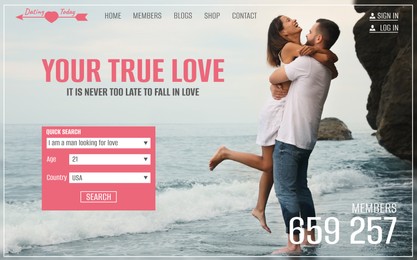 Image of Design of interface for online dating site. Home page with photo of happy couple and tabs