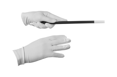 Photo of Magician with magic wand on white background, closeup