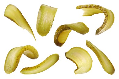 Image of Slices of tasty pickled cucumber isolated on white, set