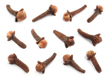 Set with aromatic dried cloves on white background 