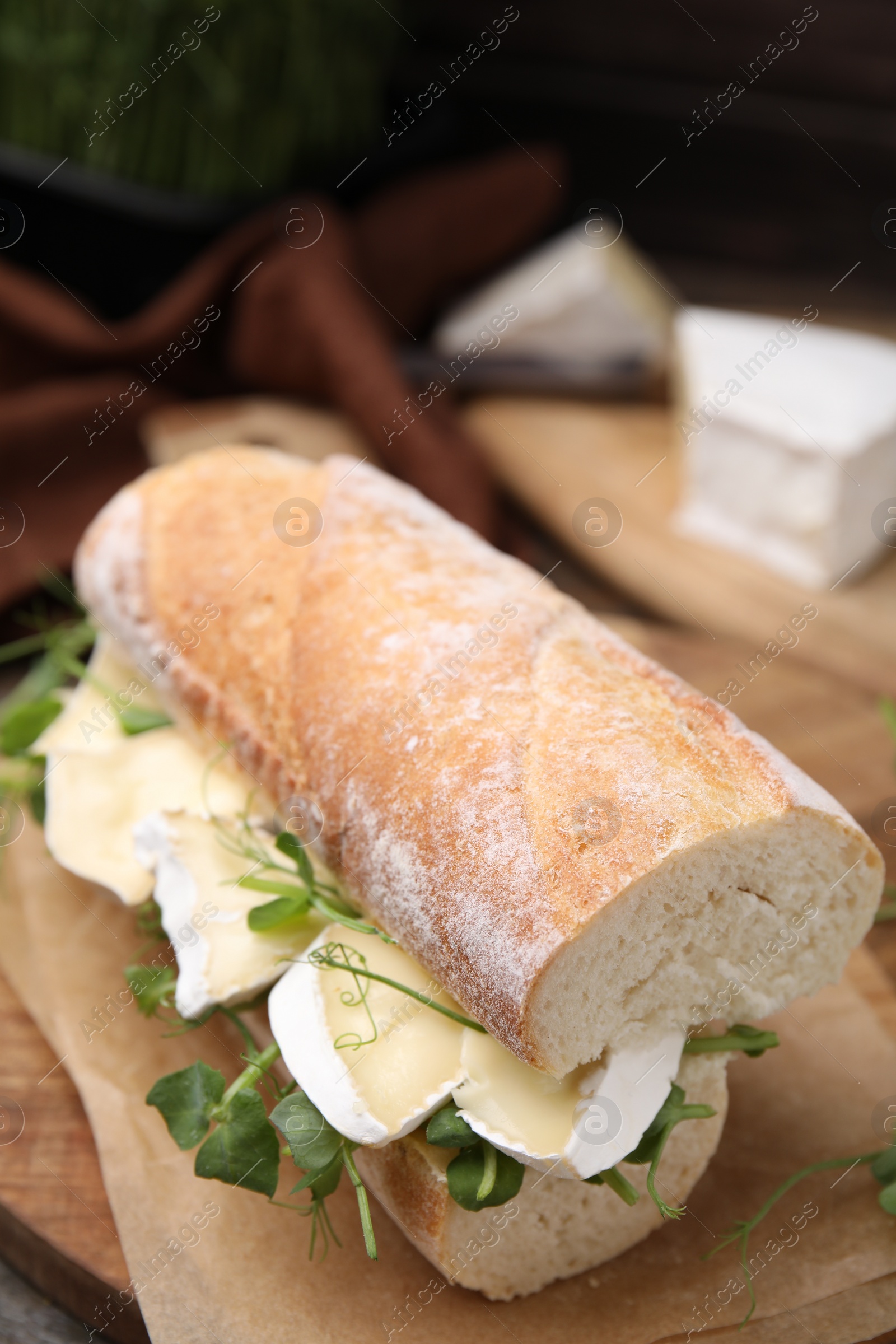 Photo of Tasty sandwich with brie cheese on table, closeup. Space for text