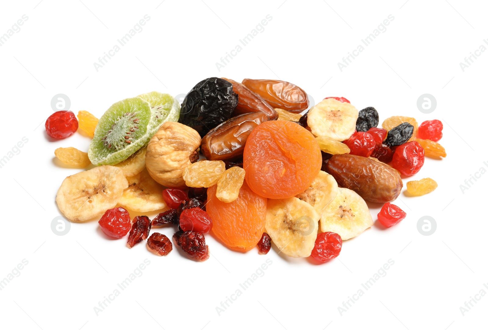 Photo of Different dried fruits on white background. Healthy lifestyle