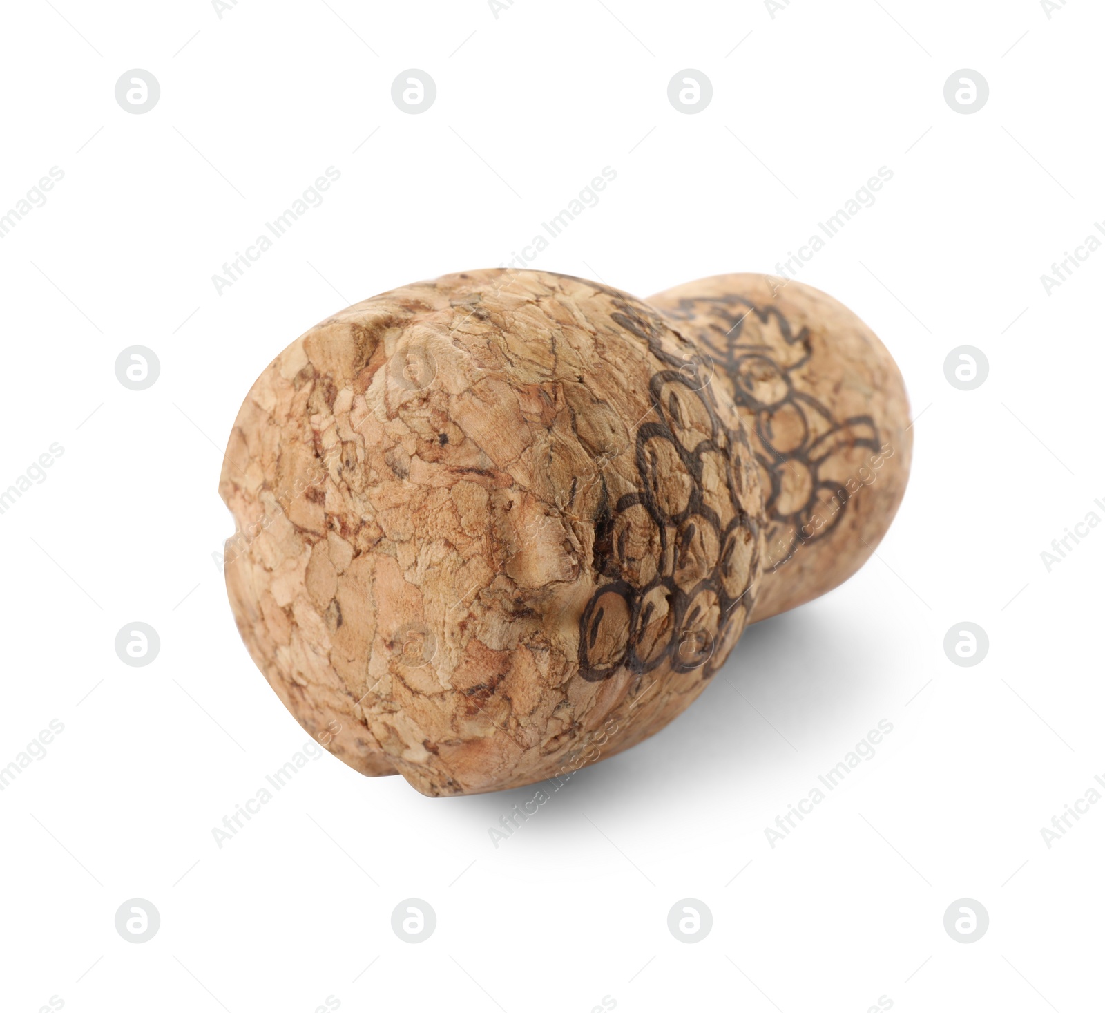 Photo of Sparkling wine cork with grape image isolated on white