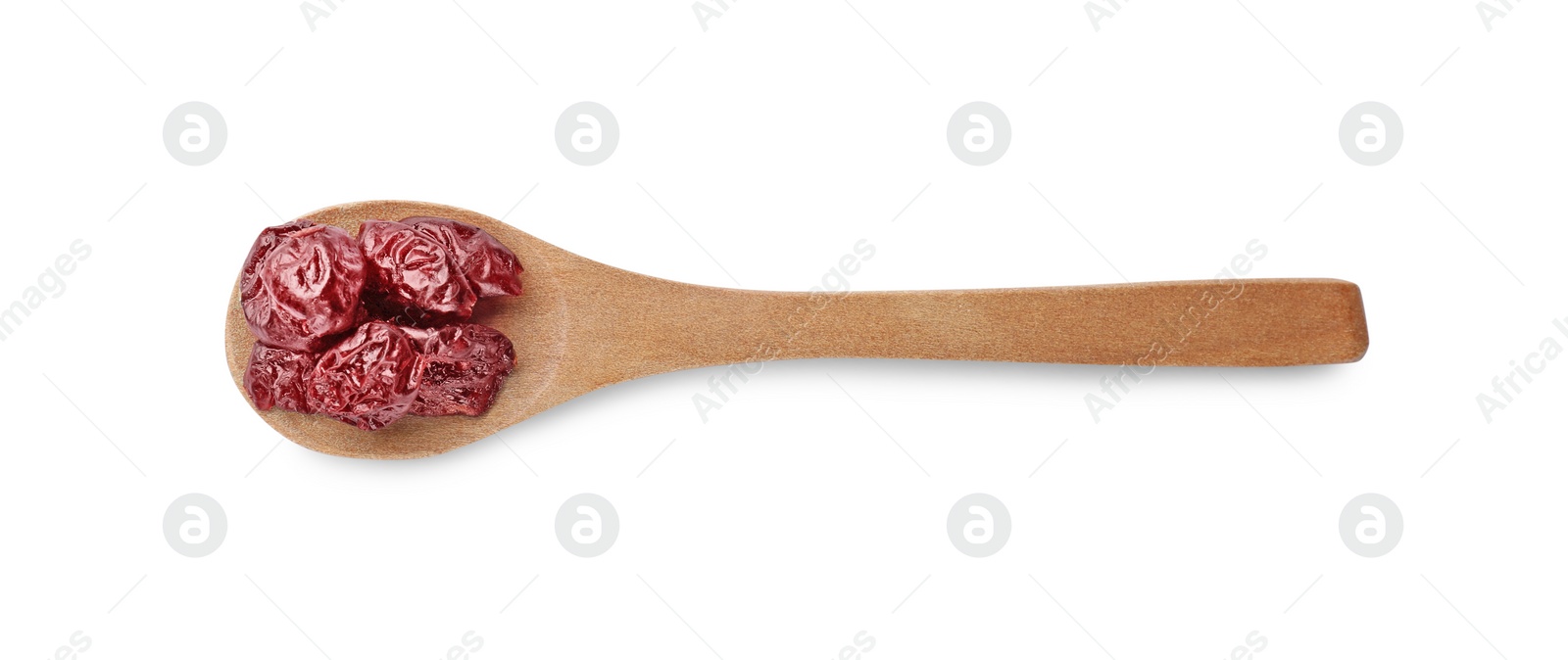 Photo of Spoon with dried cranberries isolated on white, top view