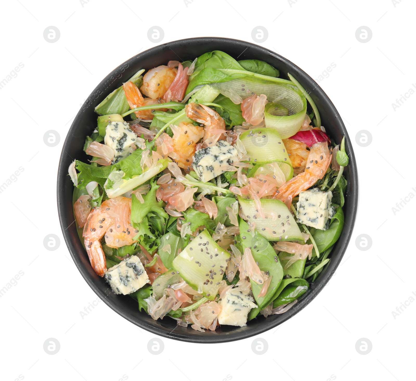 Photo of Delicious pomelo salad with shrimps and cheese in bowl on white background, top view