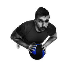 Image of Athletic man doing exercise with medicine ball isolated on white