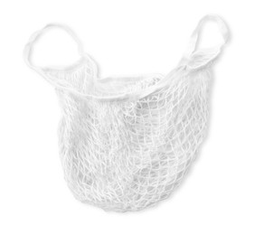 Photo of Empty string bag isolated on white, top view