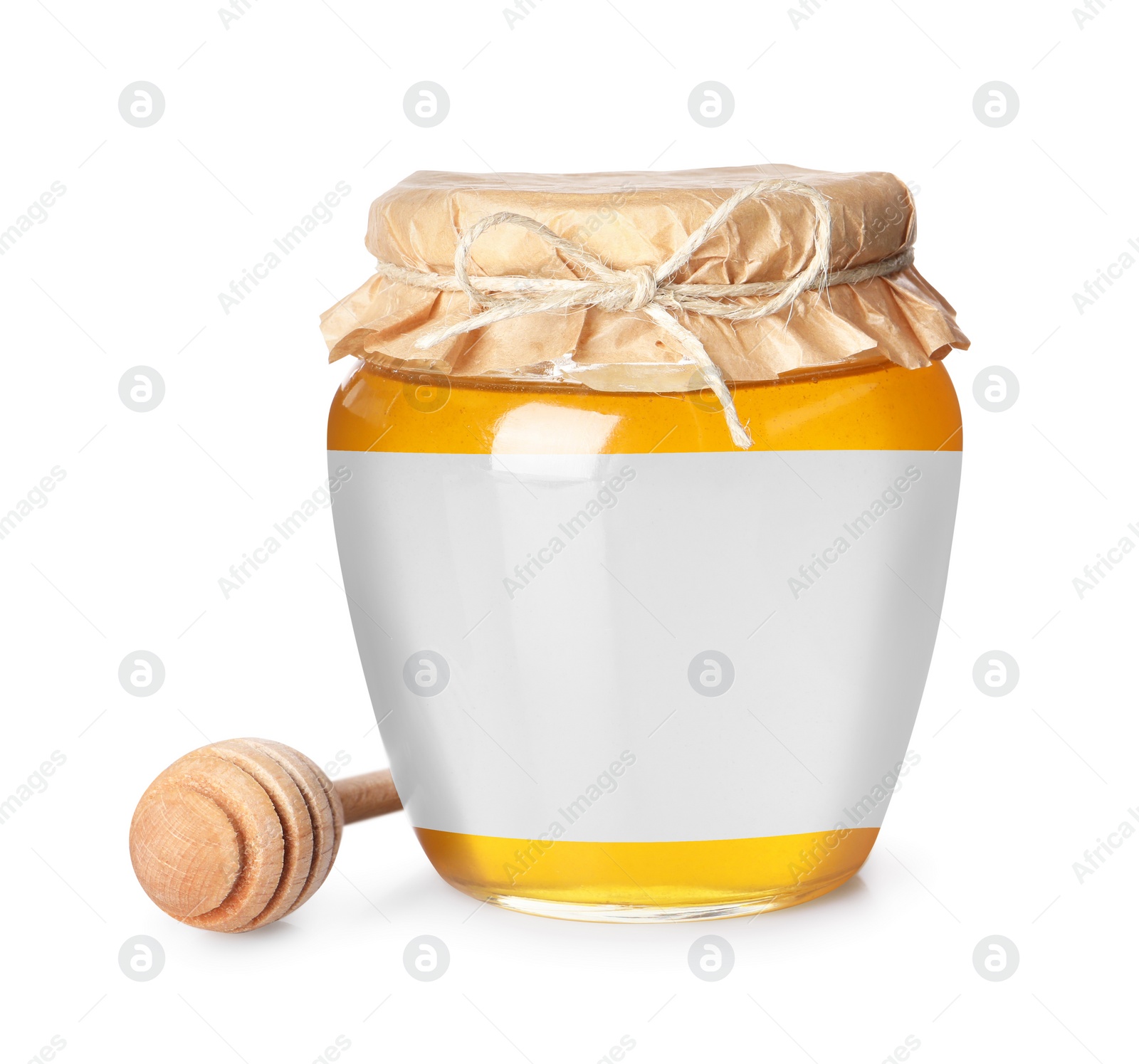 Image of Jar of honey with blank label and wooden honey dipper on white background. Mockup for design