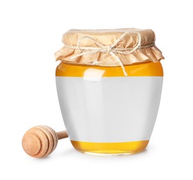 Image of Jar of honey with blank label and wooden honey dipper on white background. Mockup for design