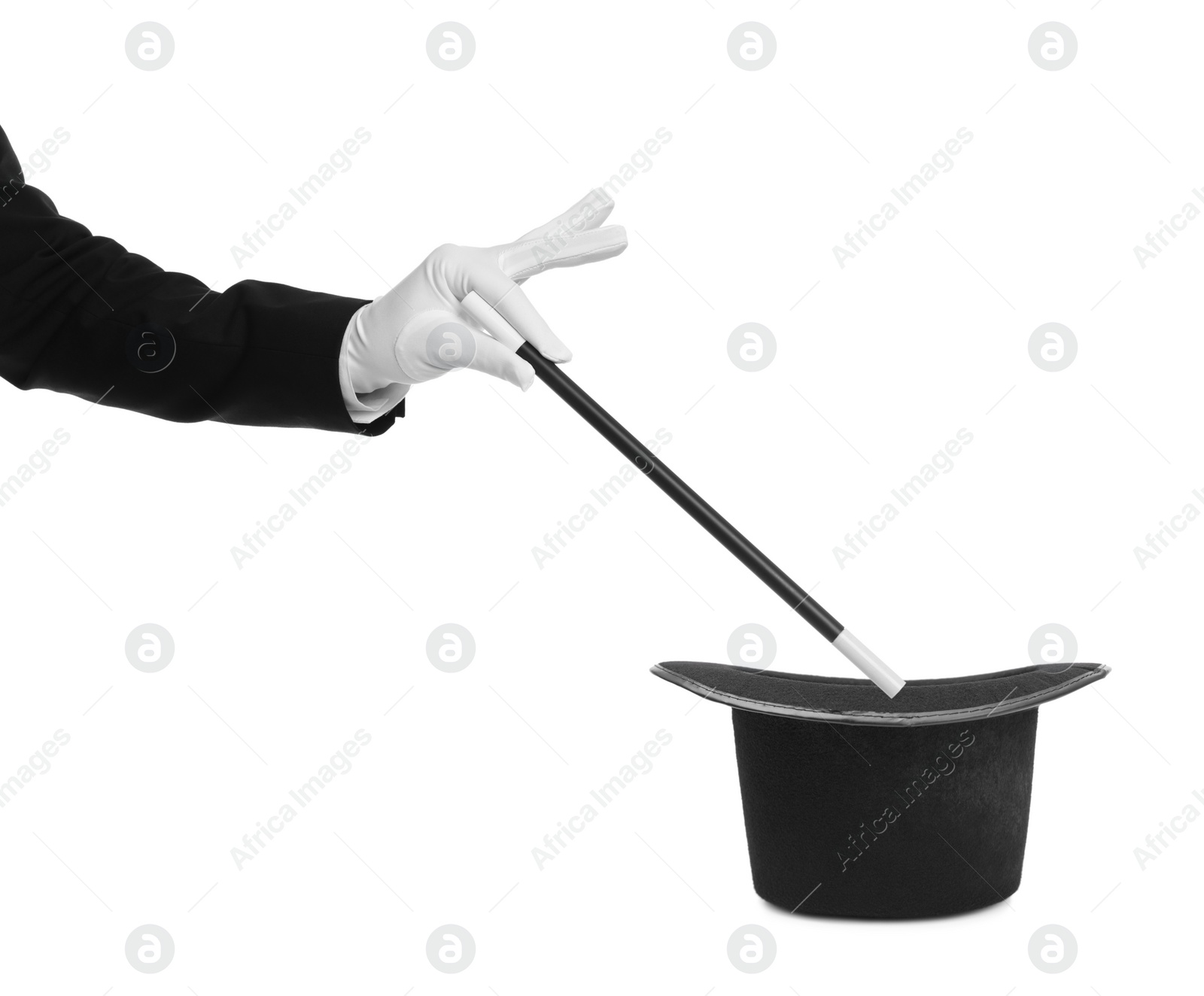 Image of Magician showing trick with wand and top hat on white background, closeup