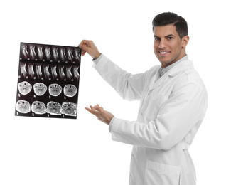 Orthopedist holding X-ray picture on white background