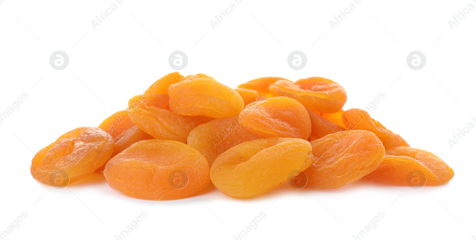 Photo of Tasty apricots on white background. Dried fruit as healthy food