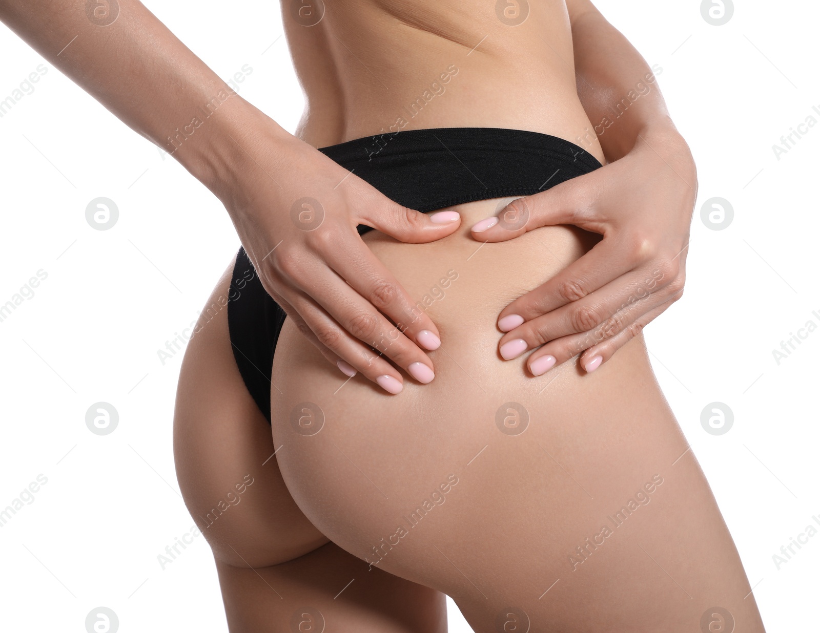 Photo of Closeup view of slim woman in underwear on white background. Cellulite problem concept