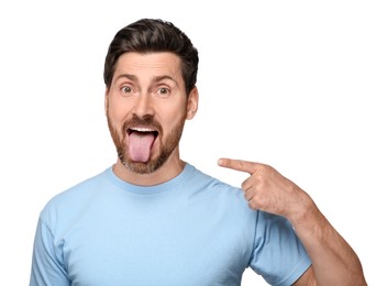 Man showing his tongue on white background