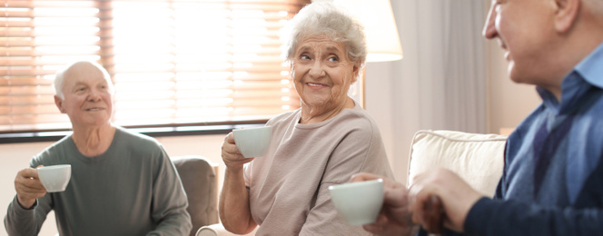 Image of Elderly people spending time in geriatric hospice, banner design. Senior patients care