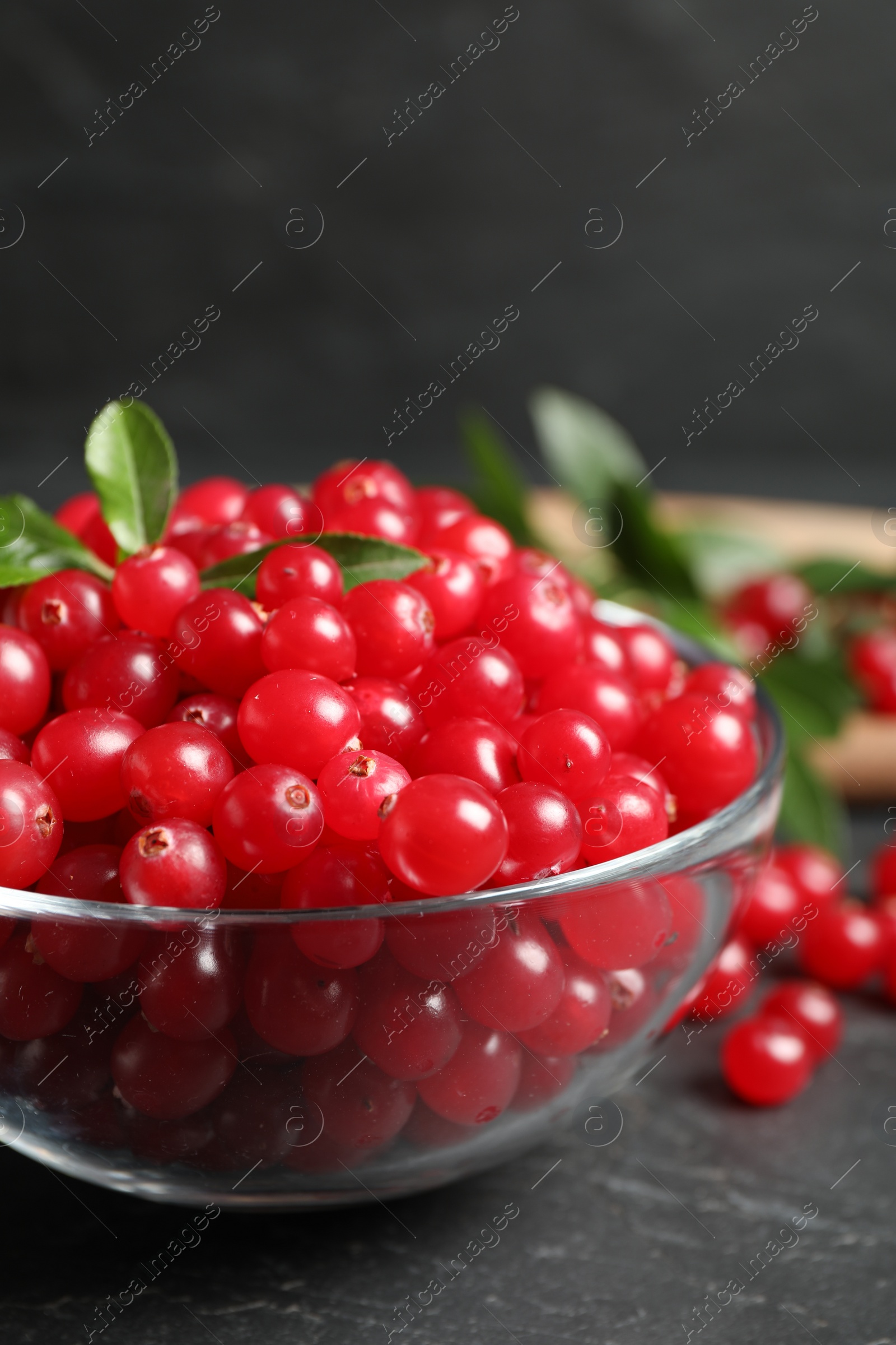 Photo of Fresh cranberry in bowl on dark grey table, closeup