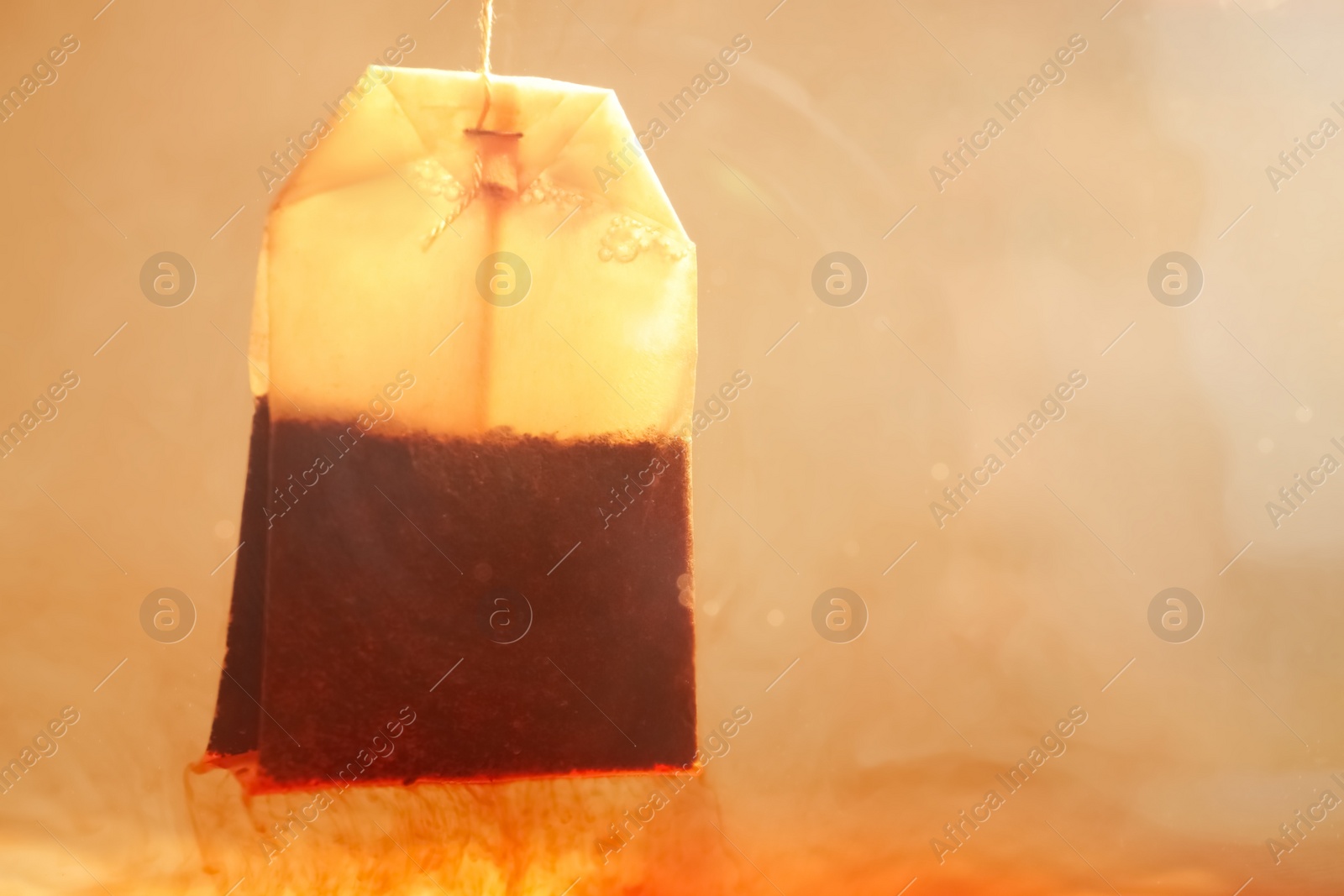 Photo of Brewing tea with bag in hot water, closeup. Space for text