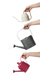 Collage with photos of women holding different watering cans on white background, closeup. Vertical banner design