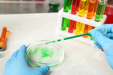 Photo of Scientist dripping reagent into Petri dish with sample in chemistry laboratory, closeup