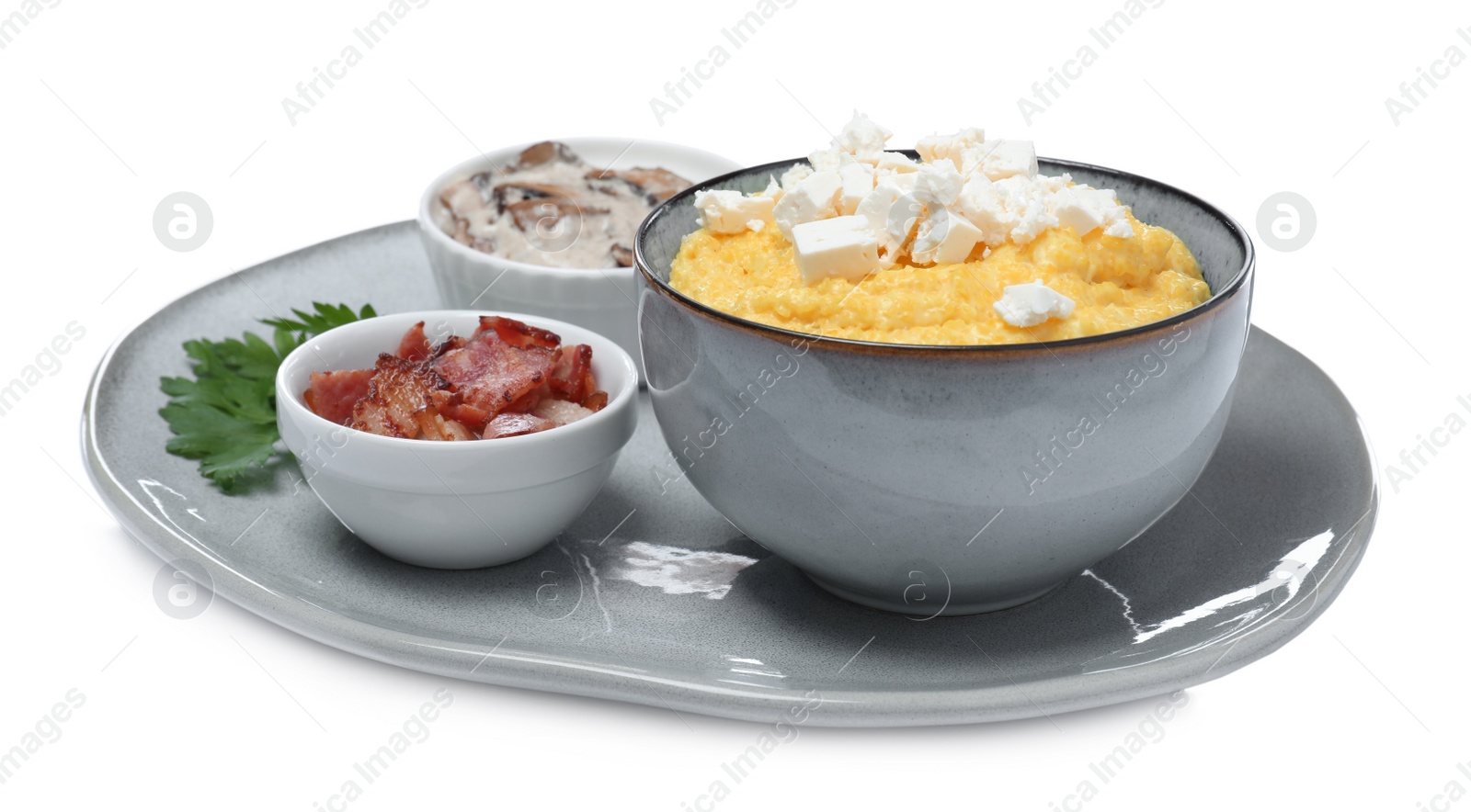 Photo of Tasty banosh with brynza, pork cracklings and mushrooms on white background. Traditional Ukrainian dish