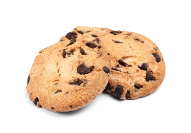 Photo of Delicious chocolate chip cookies on white background