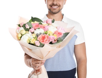 Photo of Young man with beautiful flower bouquet on white background, closeup view