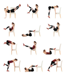 Image of Collage of young woman exercising with chair on white background. Home fitness