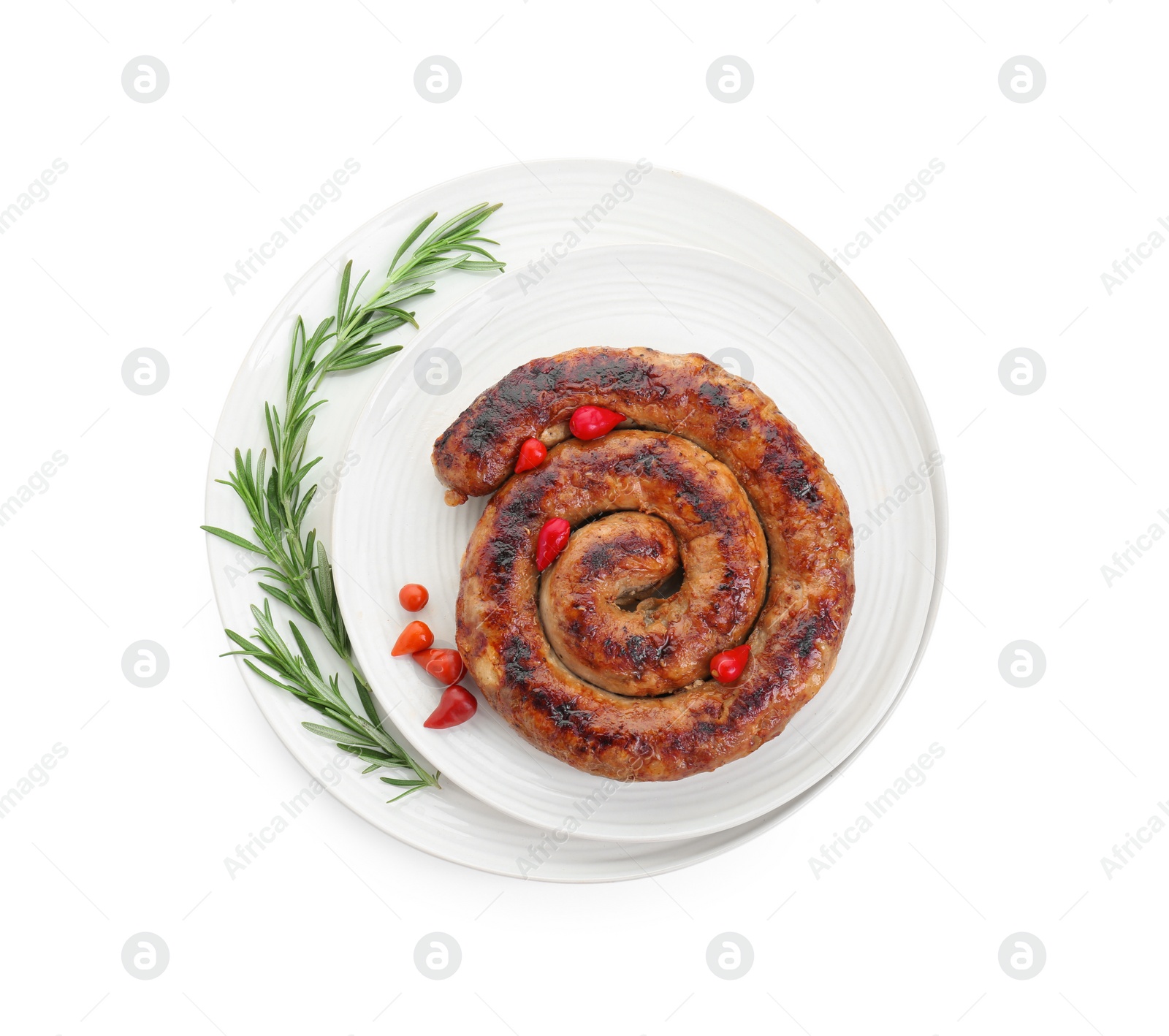 Photo of Tasty homemade sausages with peppers and rosemary isolated on white, top view