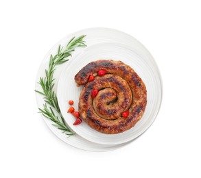 Tasty homemade sausages with peppers and rosemary isolated on white, top view