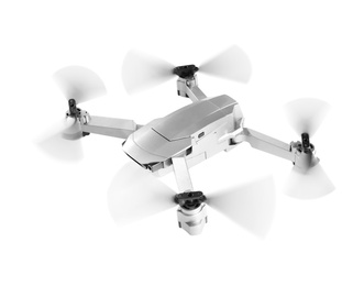 Image of Drone flying on white background. Modern gadget