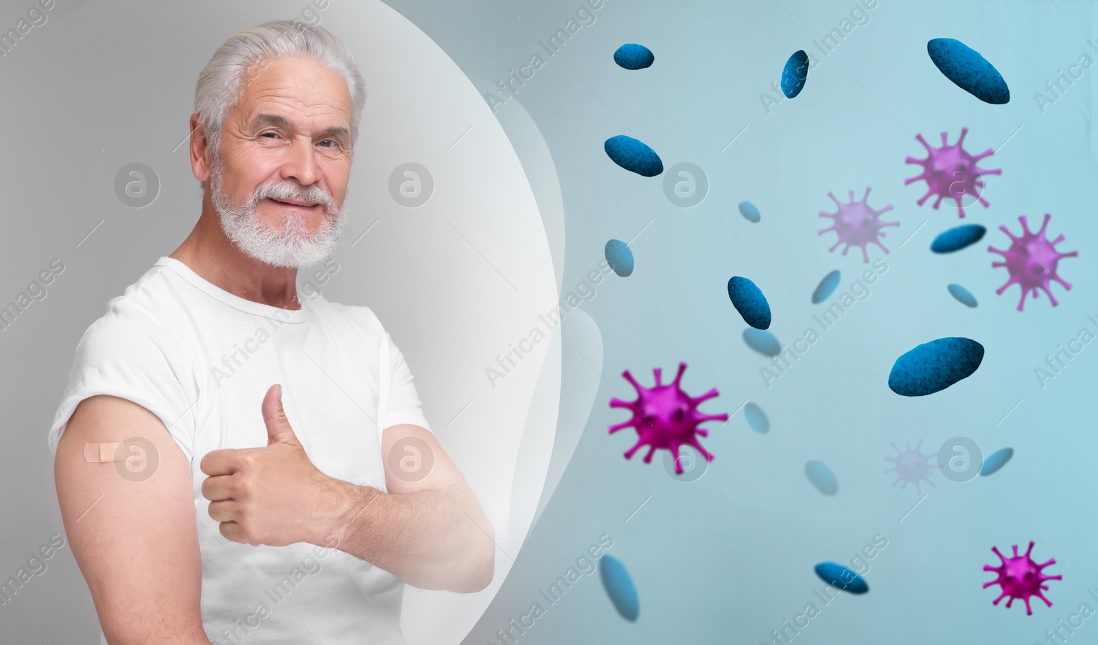 Image of Man with strong immunity due to vaccination surrounded by viruses on grey background, banner design