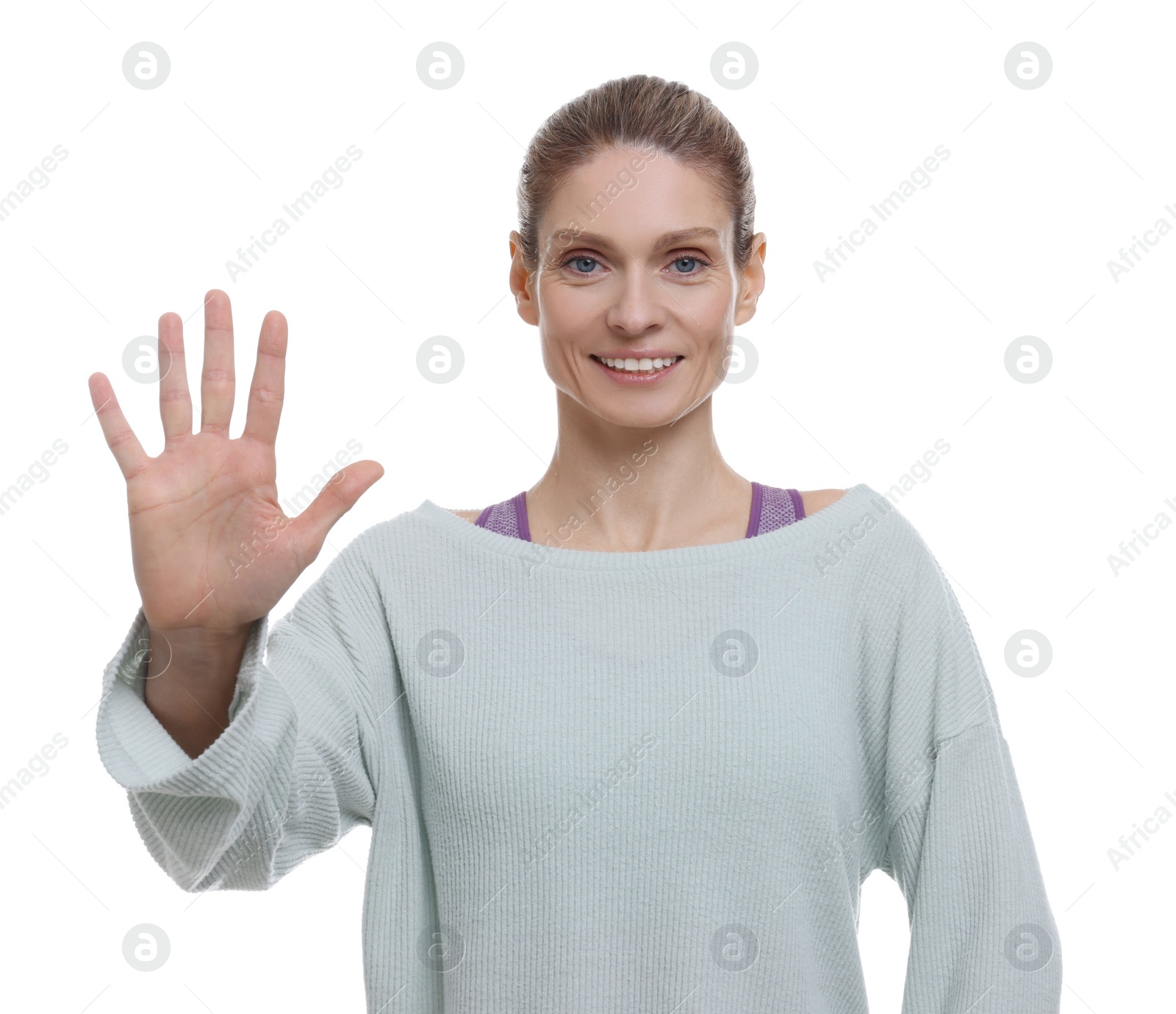 Photo of Woman giving high five on white background
