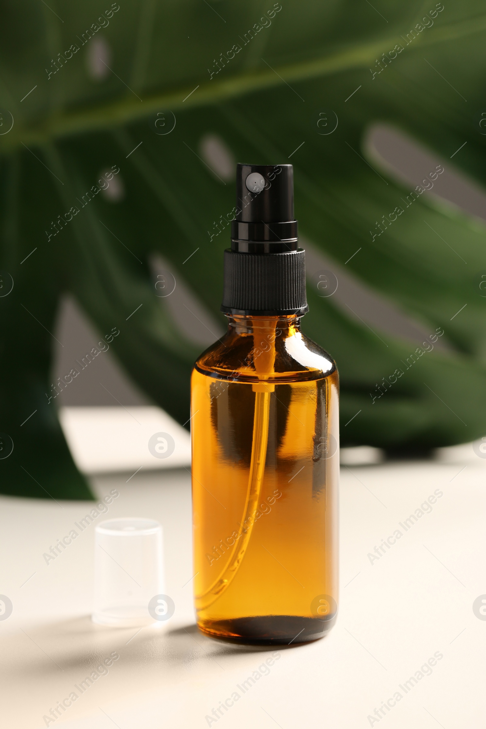 Photo of Spray bottle with oil and green leaf on white table. Natural cosmetics