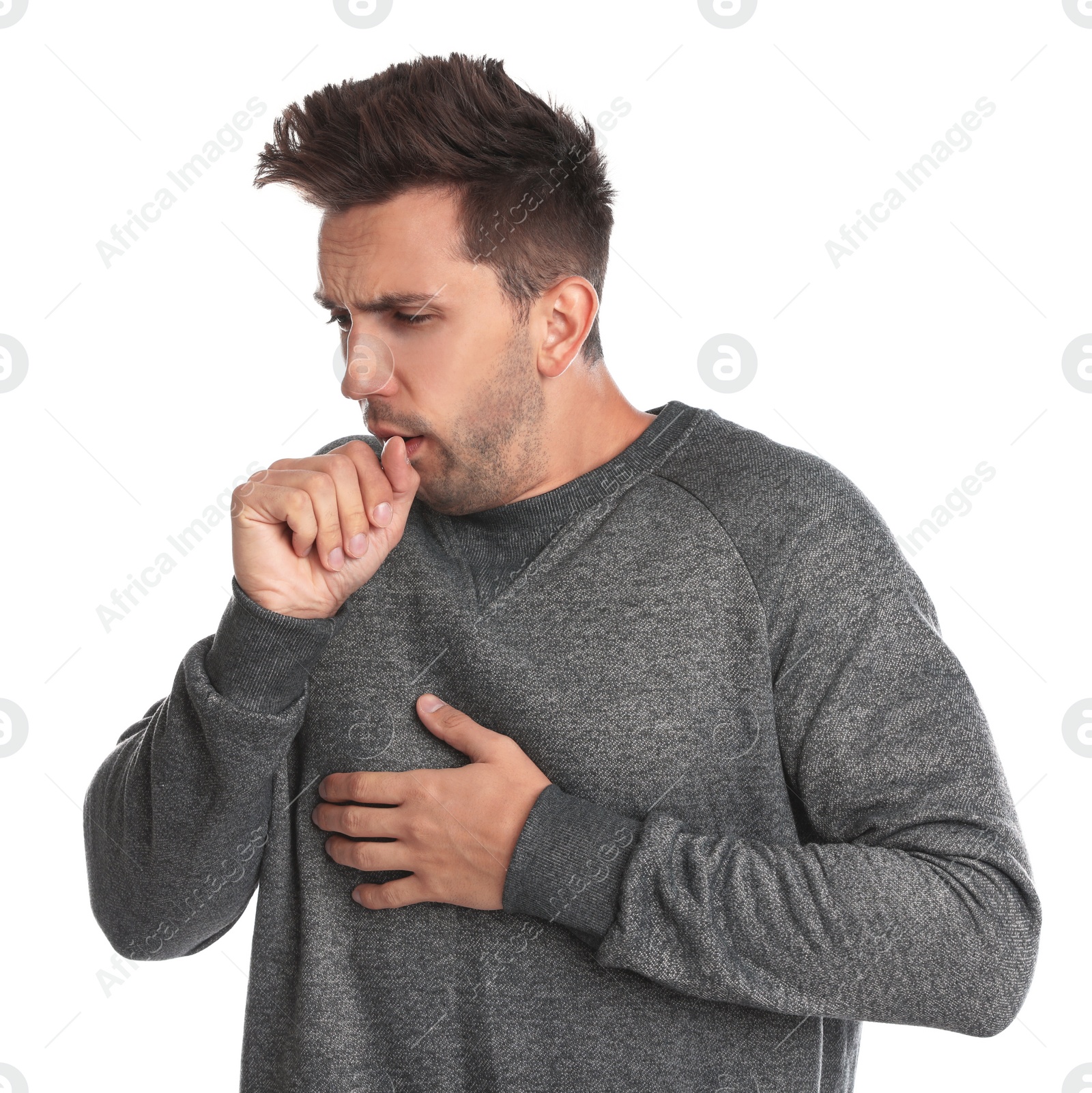 Photo of Young man suffering from cold on white background