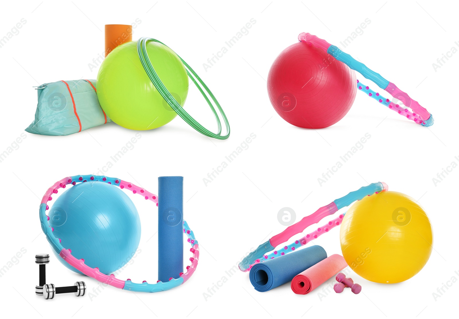 Image of Set of hula hoops and other sports equipment isolated on white