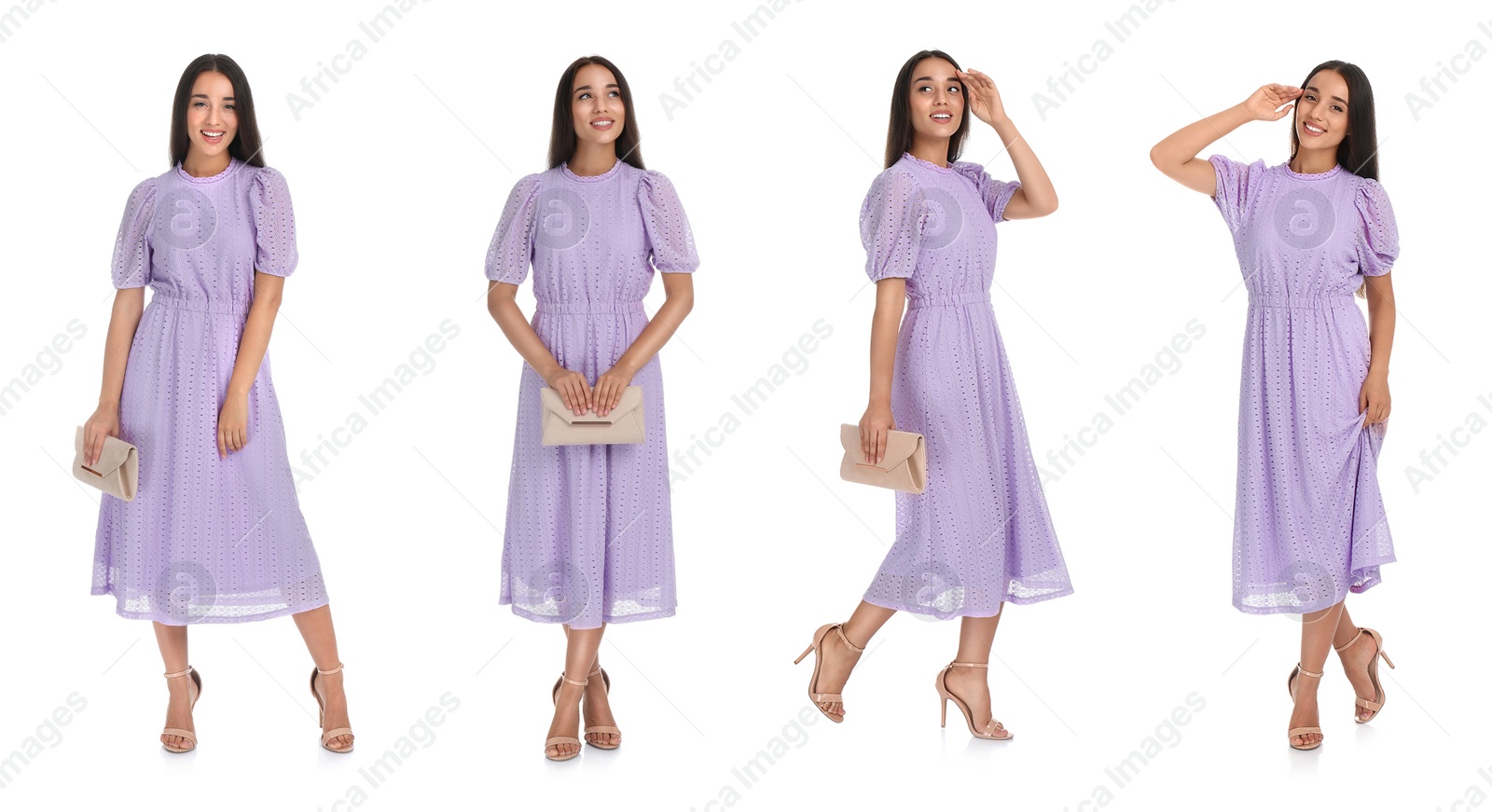 Image of Collage with photos of woman in beautiful dress on white background. Banner design