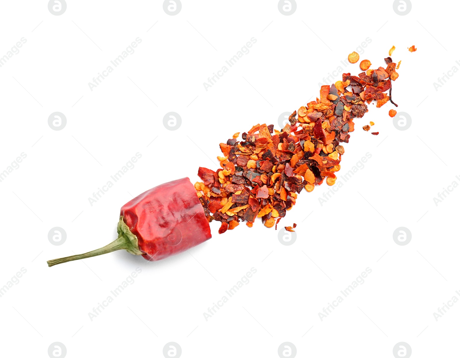 Photo of Composition with chili pepper flakes on white background, top view