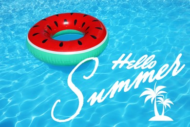 Image of Hello Summer. Inflatable ring floating in swimming pool on sunny day 