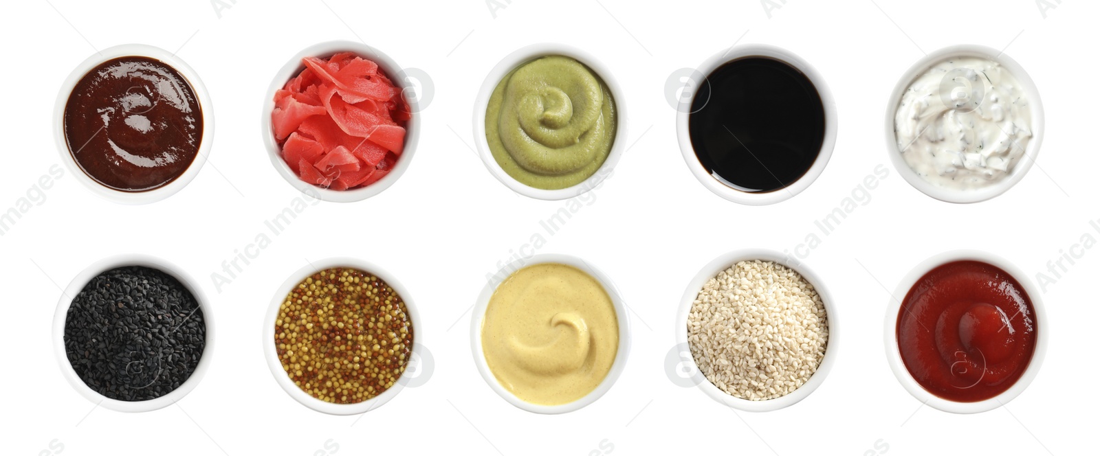 Image of Set of different delicious sauces and condiments on white background, top view. Banner design