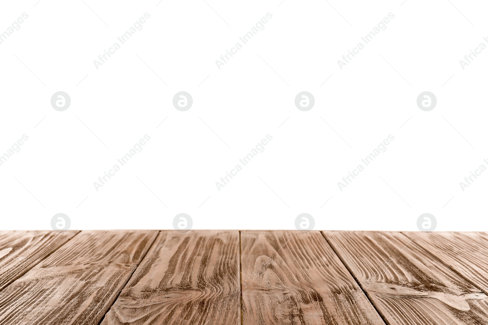 Photo of Empty wooden table surface on white background