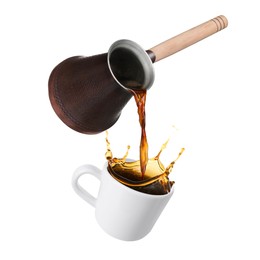 Image of Pouring freshly brewed aromatic coffee from turkish pot into cup. Objects in air on white background