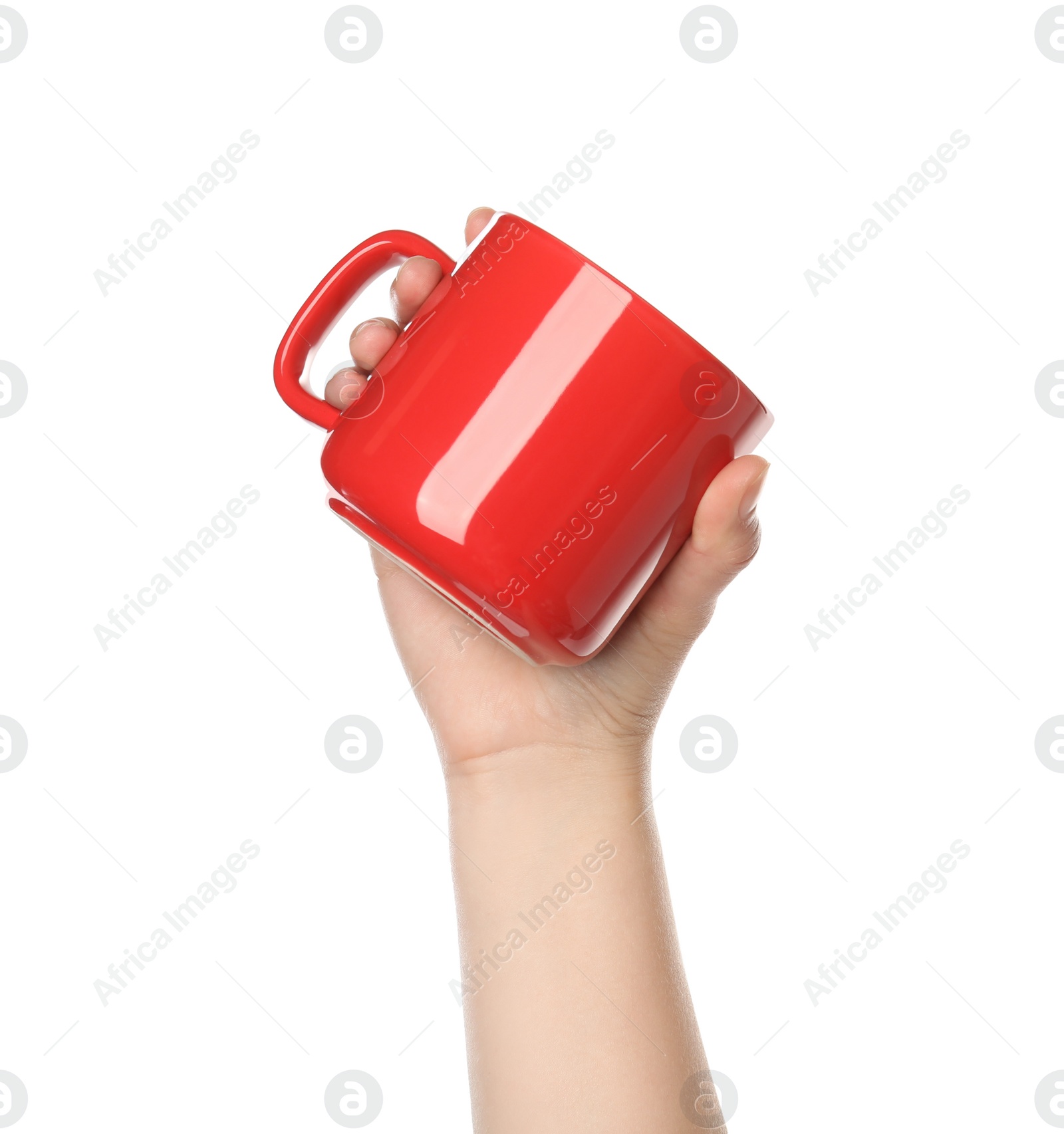 Photo of Woman holding red cup on white background, closeup