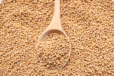 Mustard seeds with wooden spoon as background, top view