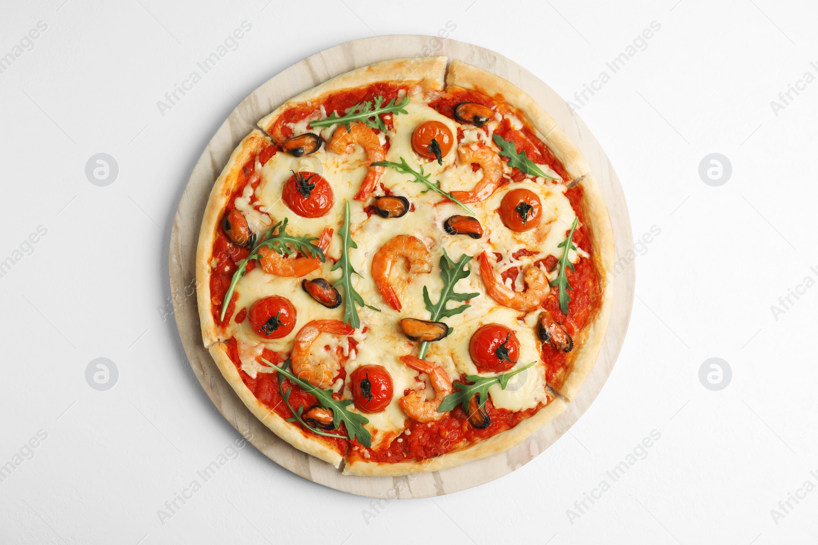 Photo of Delicious seafood pizza on white background, top view