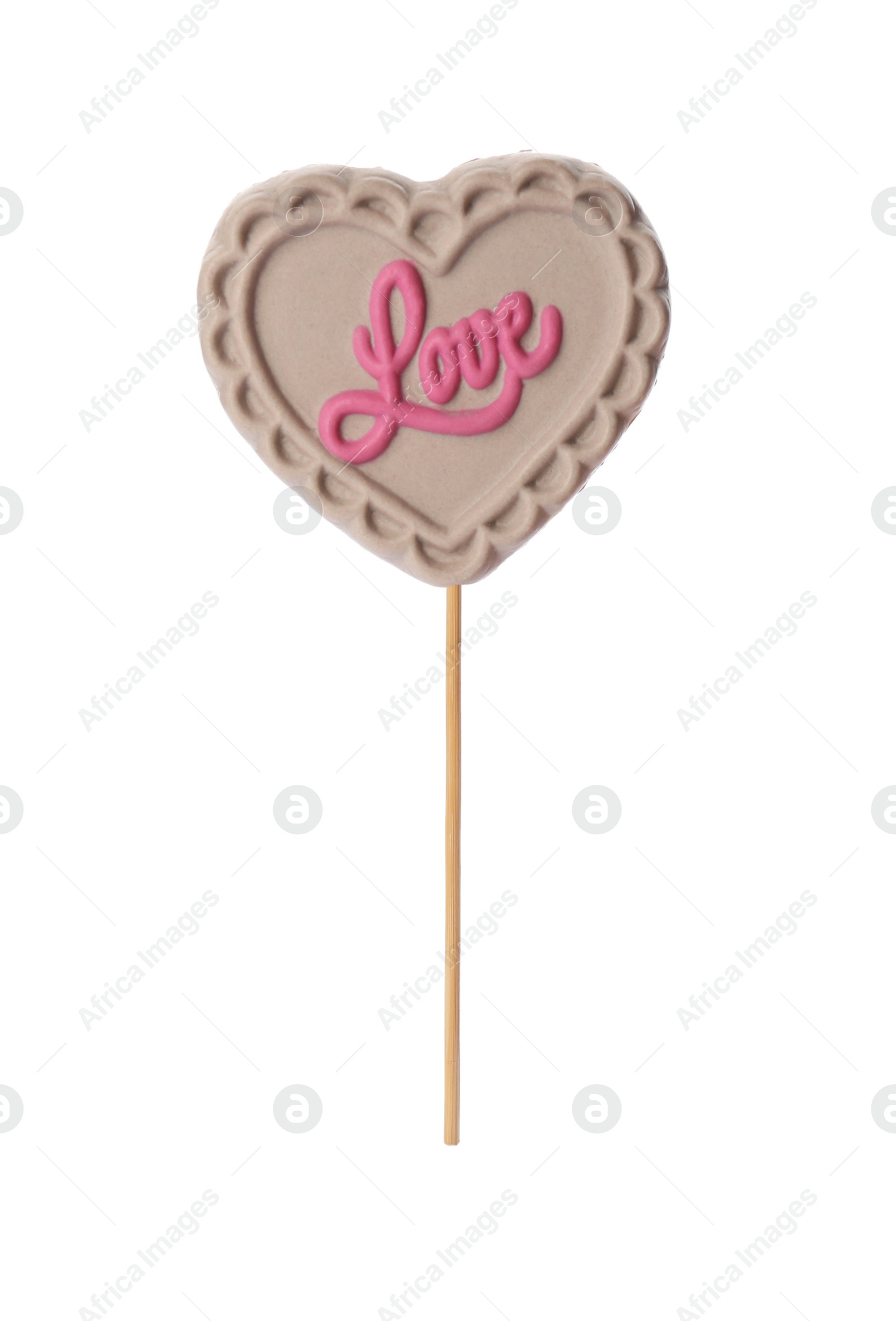 Photo of Heart shaped lollipop made of chocolate isolated on white