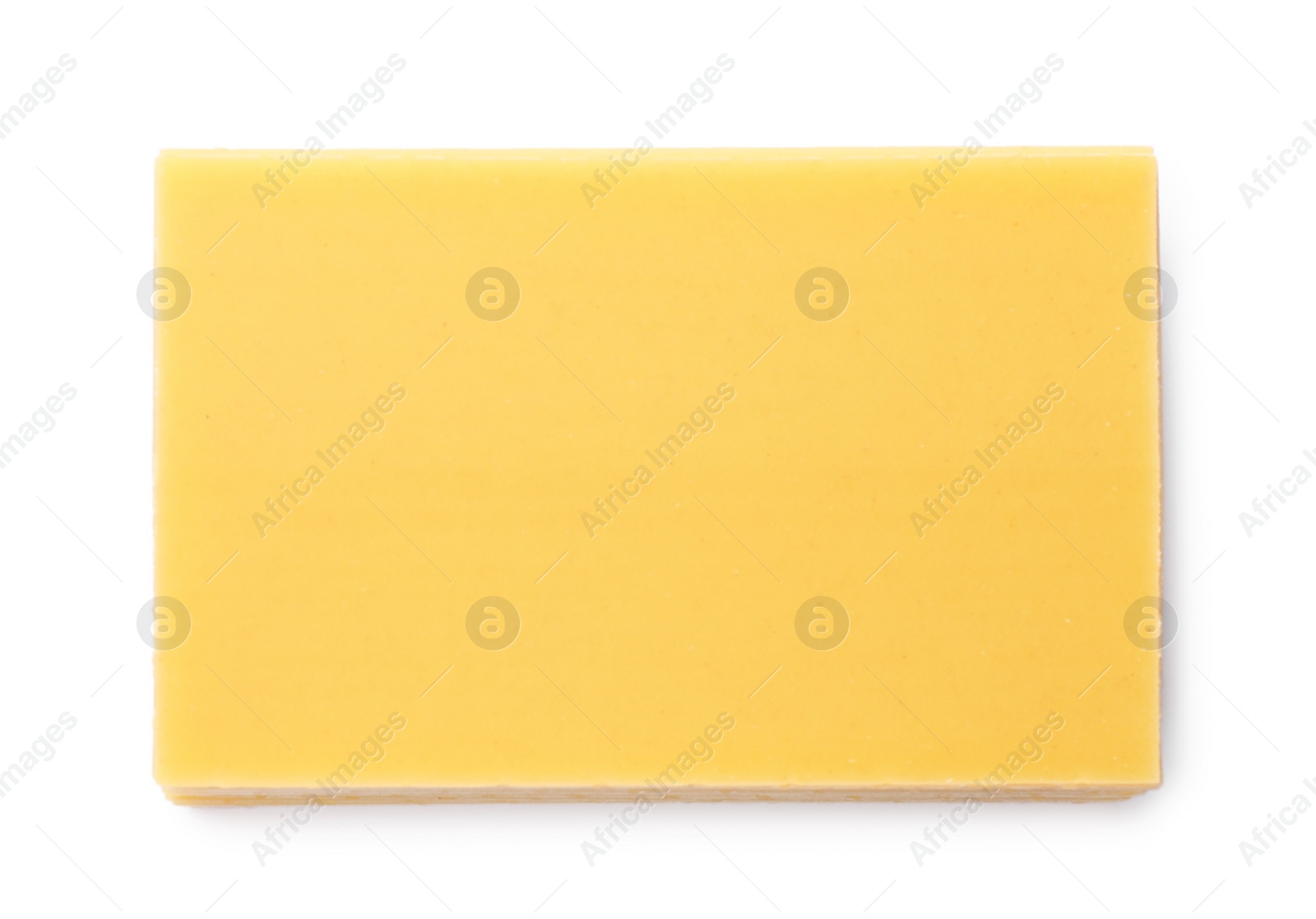 Photo of Stack of uncooked lasagna sheets isolated on white, top view