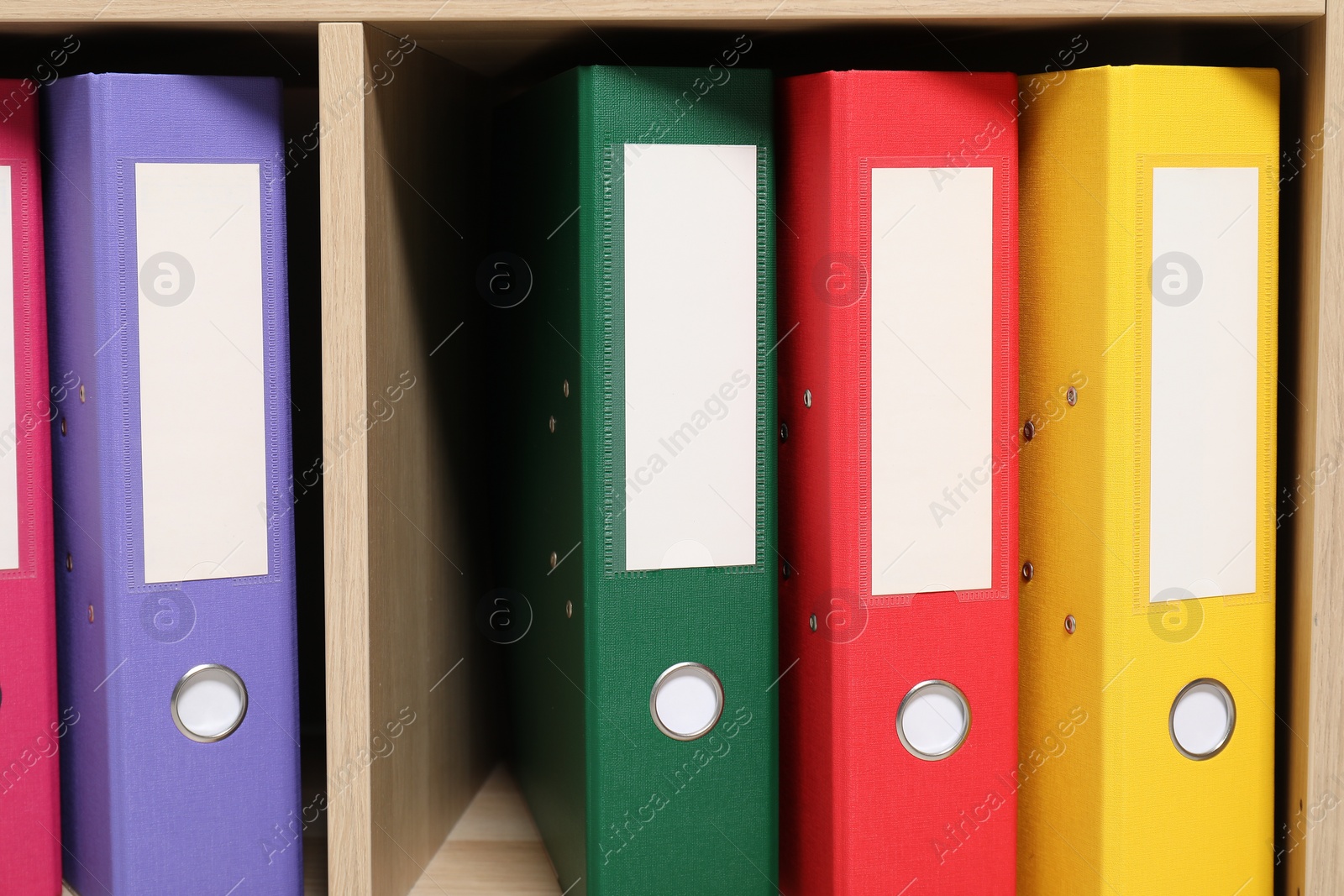Photo of Colorful binder office folders on shelving unit