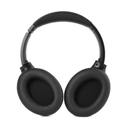 Photo of Modern black wireless headphones isolated on white